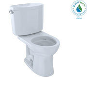 White two-piece toilet with round bowl, matching tank, and side lever handle.