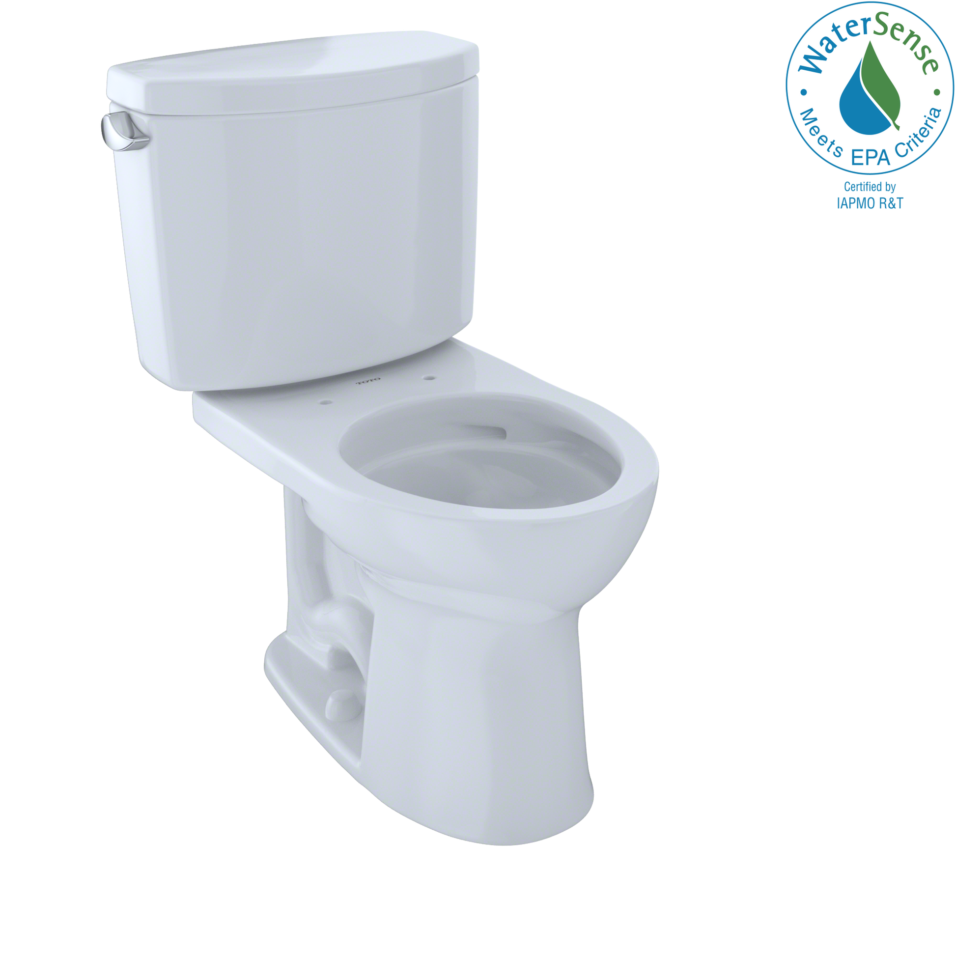 White two-piece toilet with round bowl, matching tank, and side lever handle.