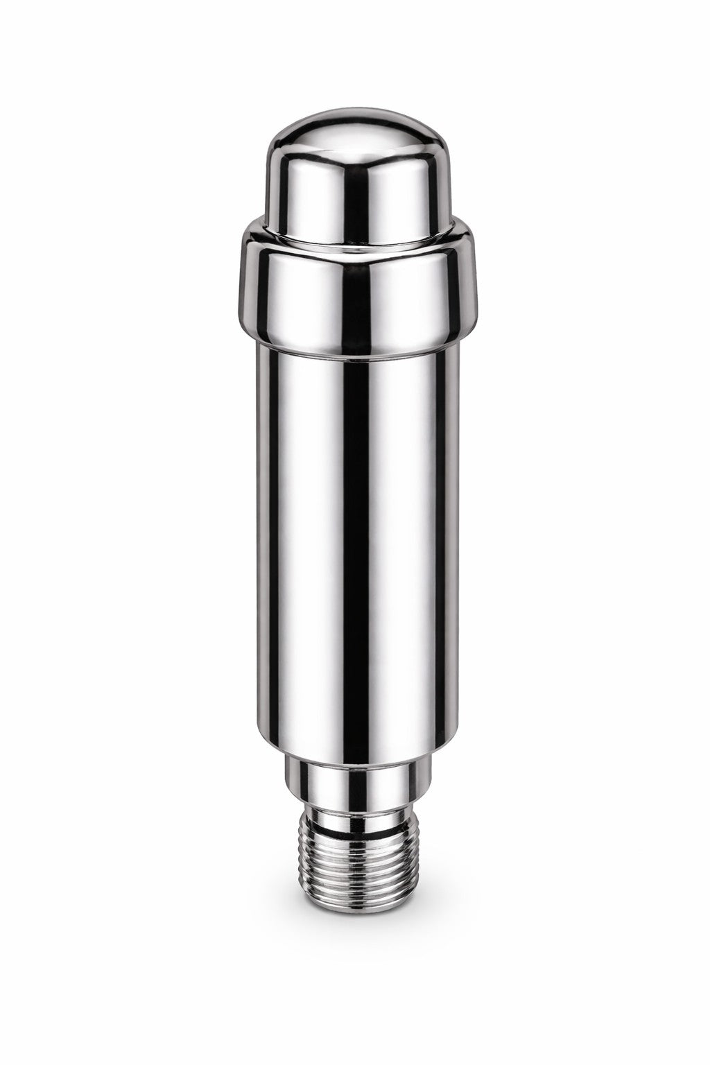 Polished chrome cylindrical vacuum breaker kit with rounded cap and threaded male connection base.