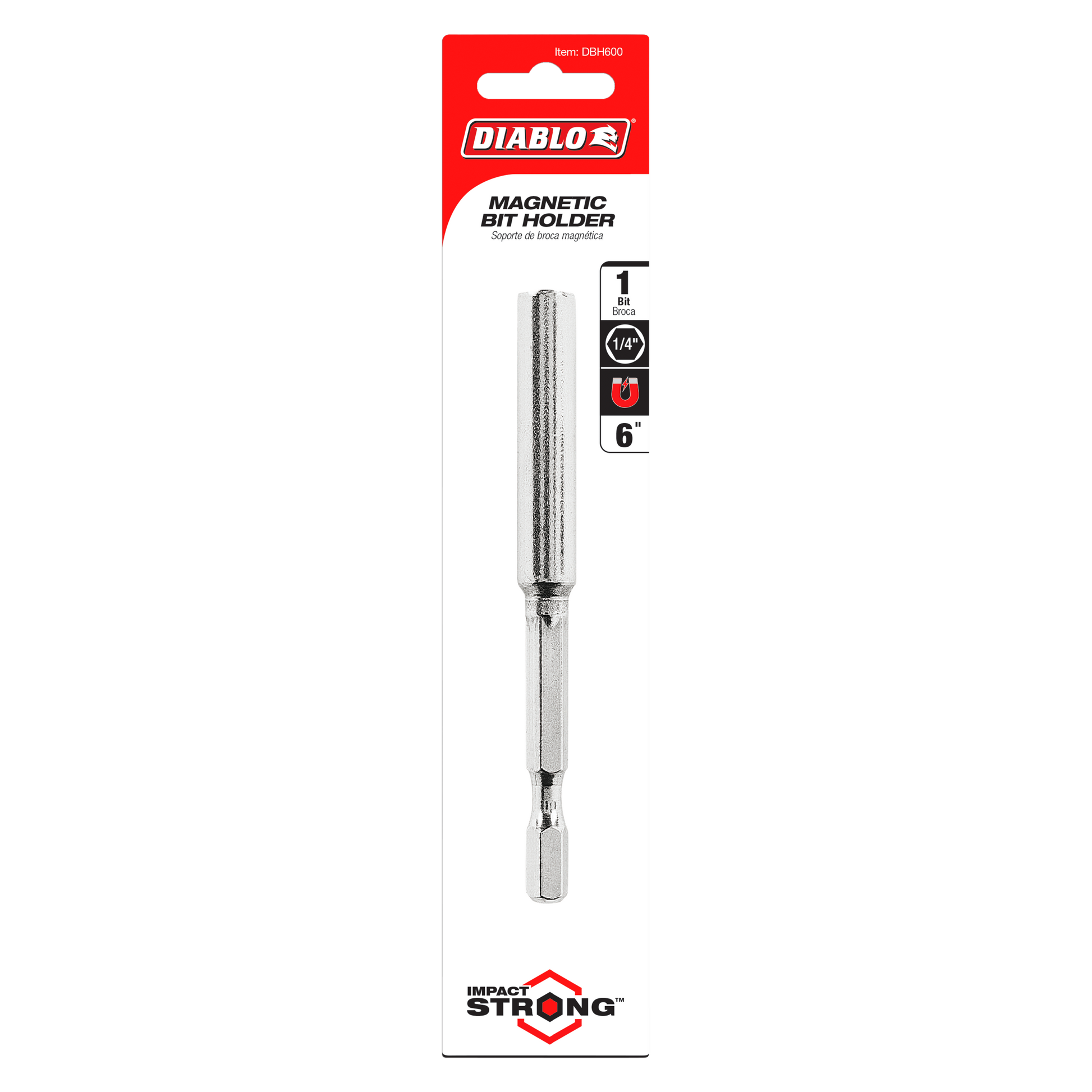 Diablo 6-inch magnetic bit holder with 1/4-inch hex drive, shown on red and white product packaging.