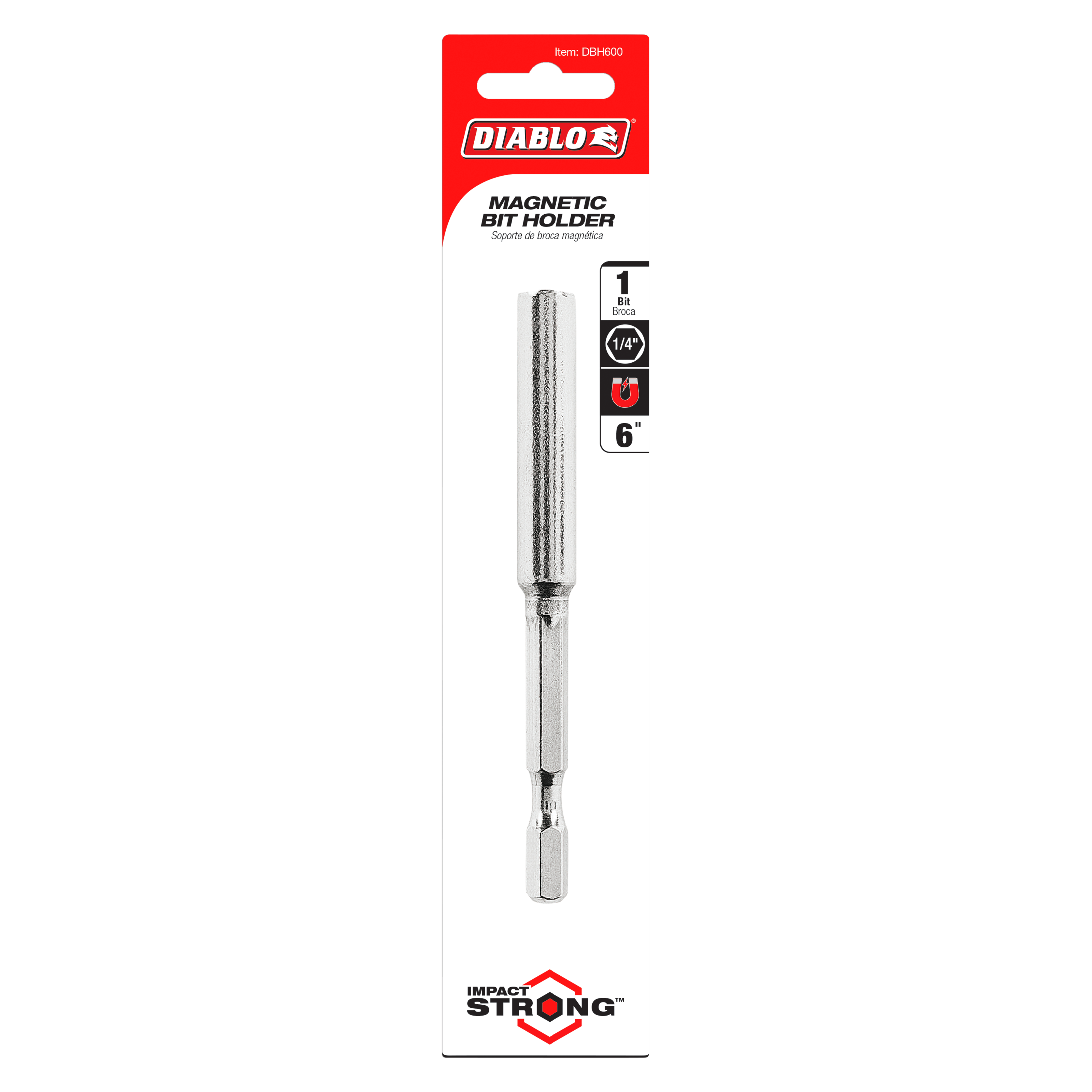 Diablo 6-inch magnetic bit holder with 1/4-inch hex drive, shown on red and white product packaging.