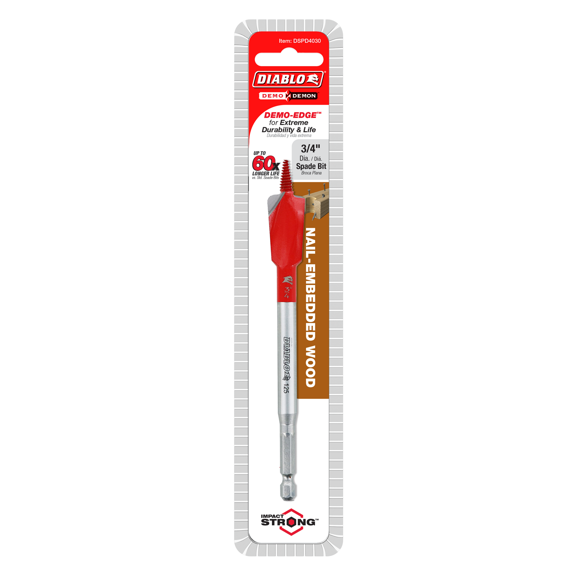 Diablo 3/4 inch spade bit with red paddle head and silver shaft on retail packaging card.
