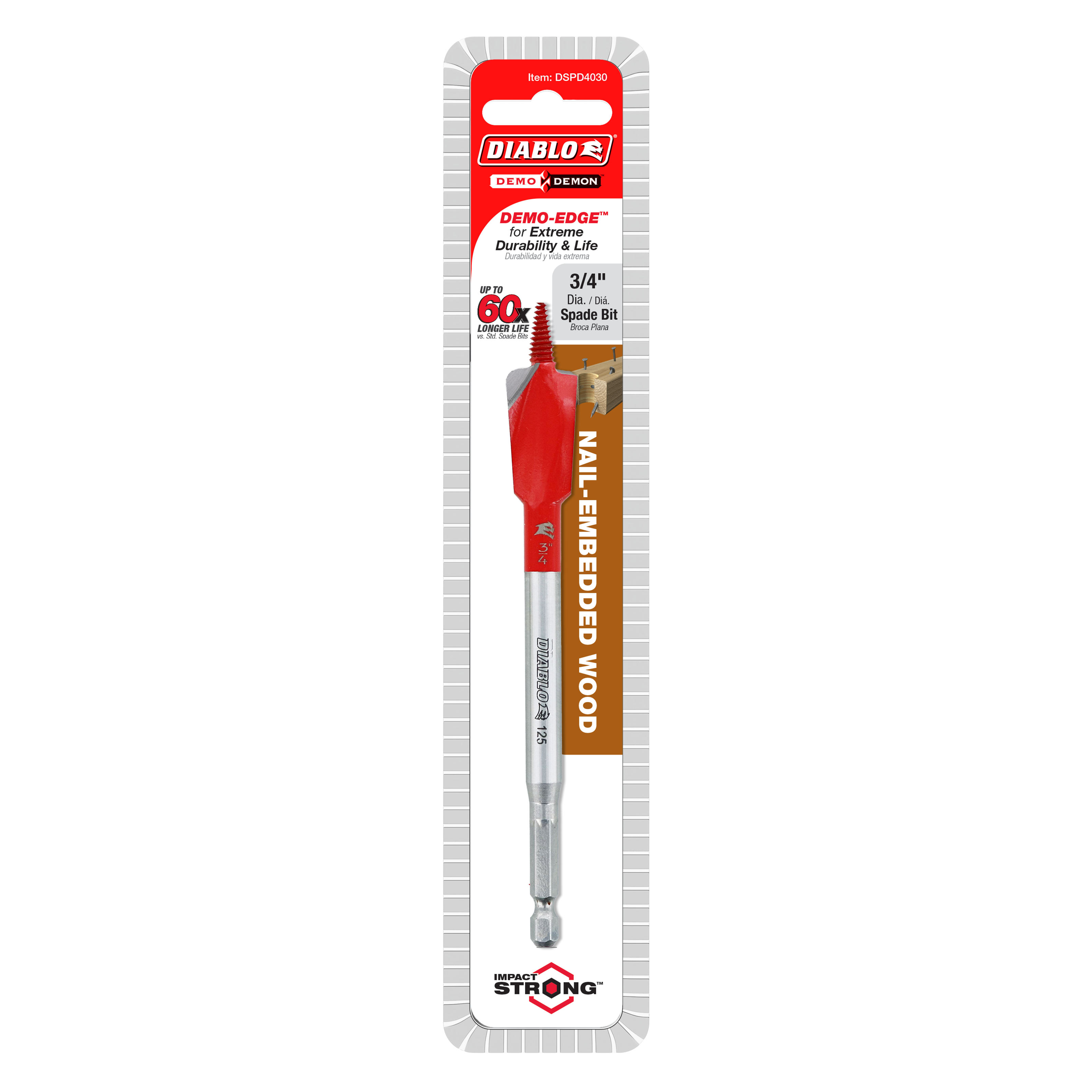 Diablo 3/4 inch spade bit with red paddle head and silver shaft on retail packaging card.