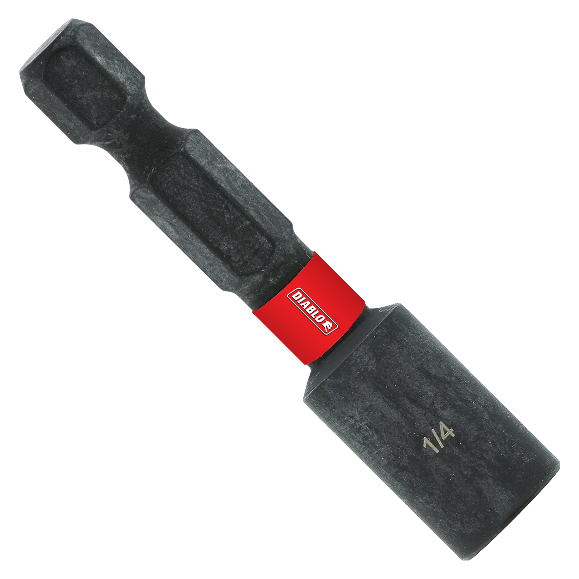 Black magnetic nut setter with 1/4 in. hex drive and red band, marked "1/4" on socket end.