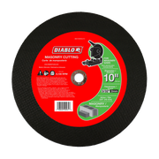 Black abrasive cutting disc with red label showing Diablo masonry cutting specifications and safety information.