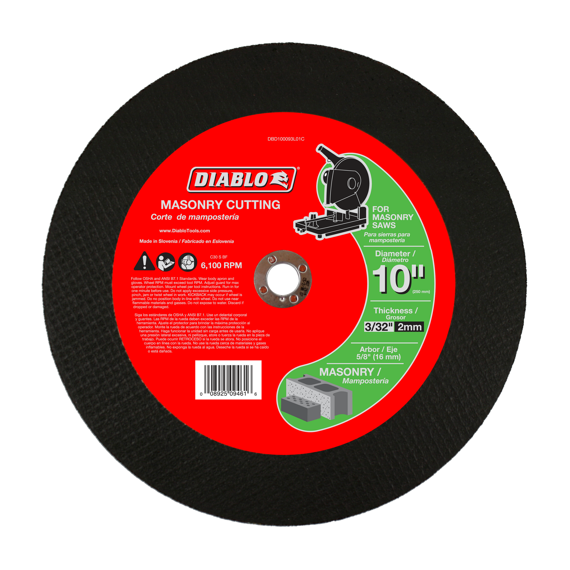 Black abrasive cutting disc with red label showing Diablo masonry cutting specifications and safety information.