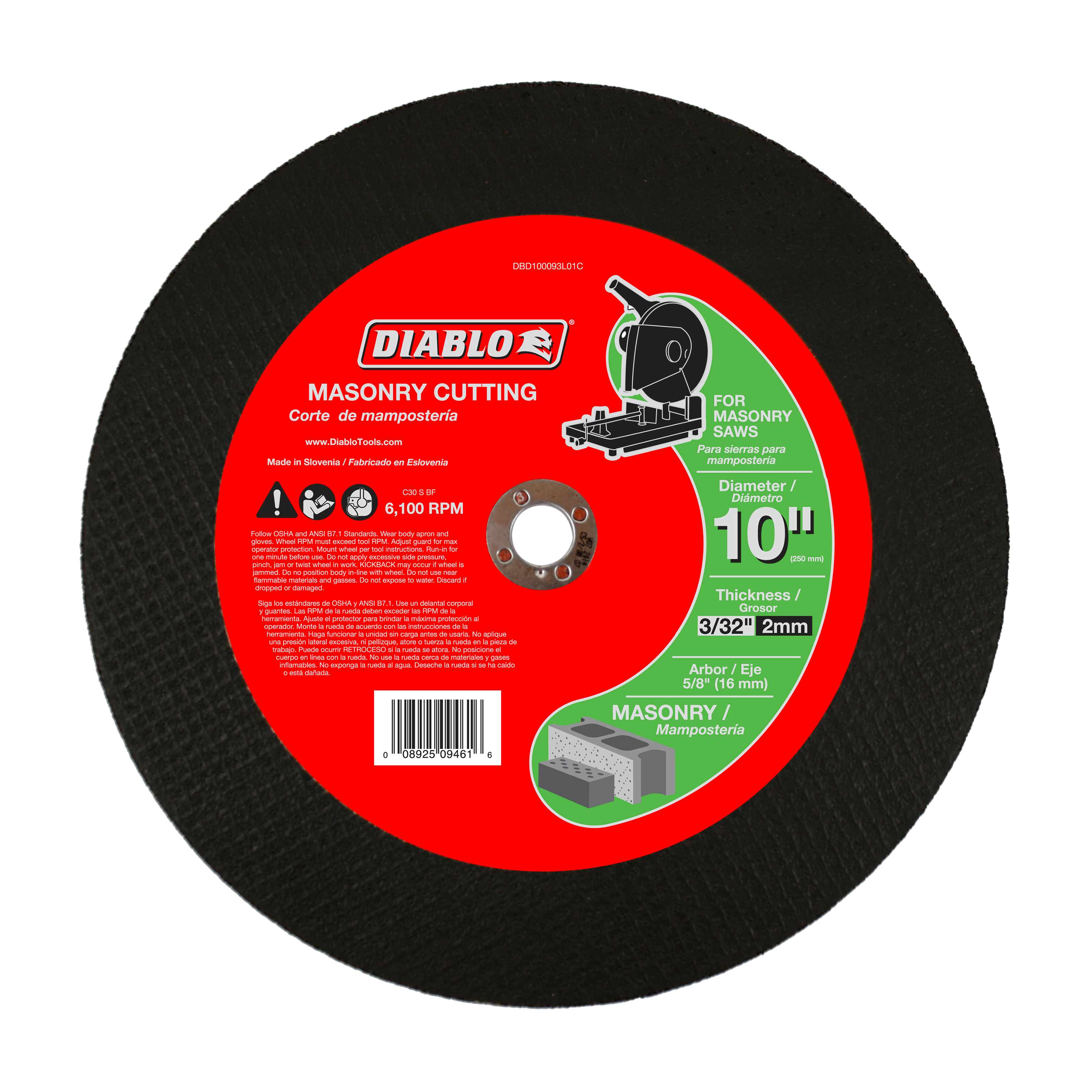 Black abrasive cutting disc with red label showing Diablo masonry cutting specifications and safety information.