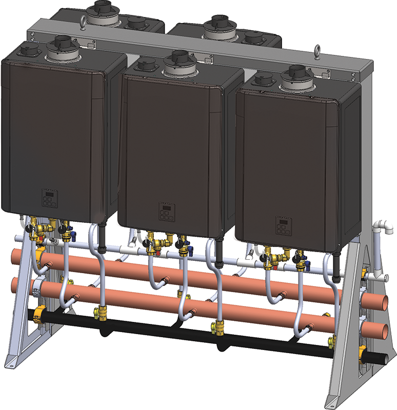 Five dark brown tankless water heater units mounted on a metal frame with copper piping, brass fittings, and control valves.