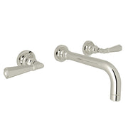 Polished nickel wall-mount faucet trim with curved spout and two lever handles.
