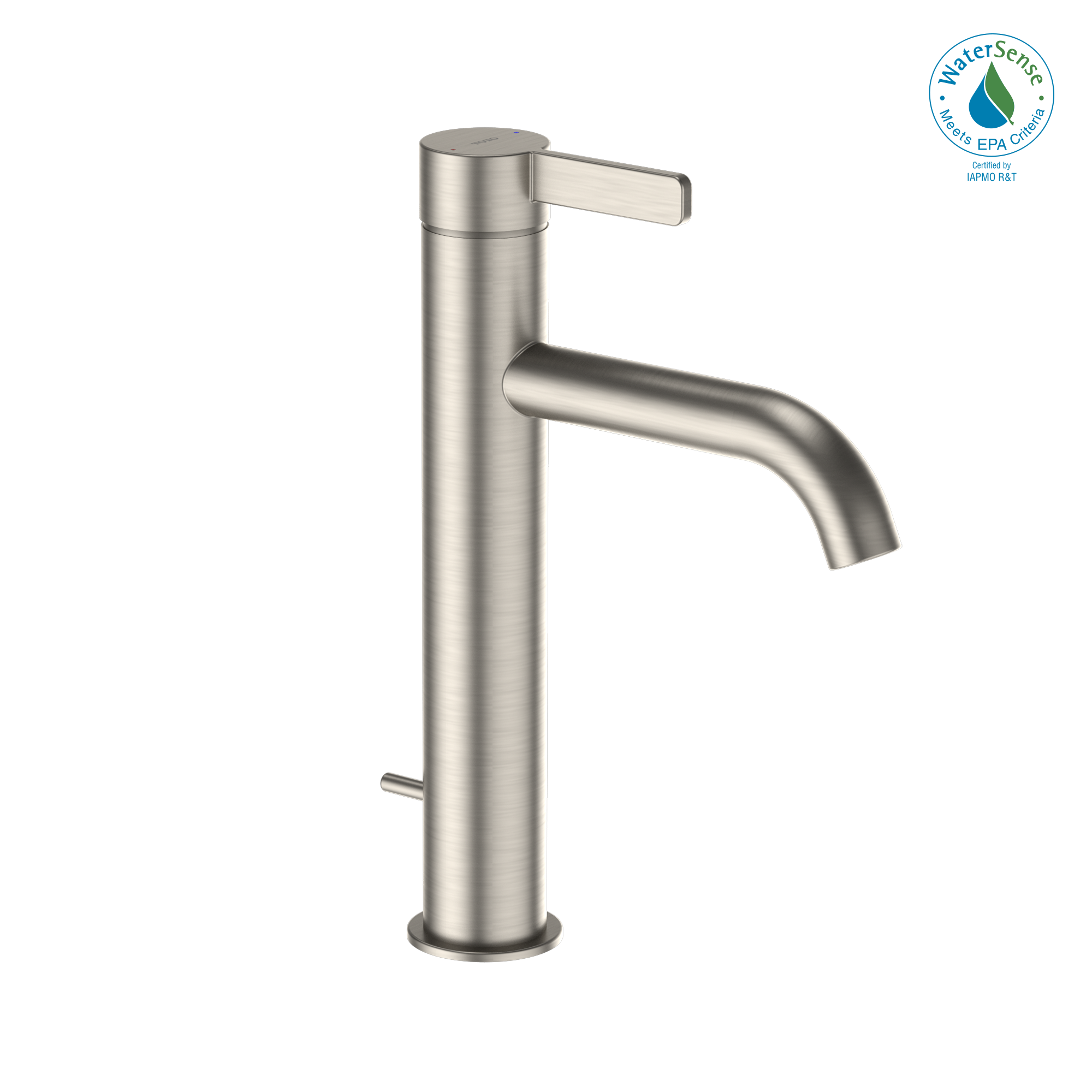 Brushed nickel single-handle bathroom sink faucet with tall cylindrical body and curved spout.