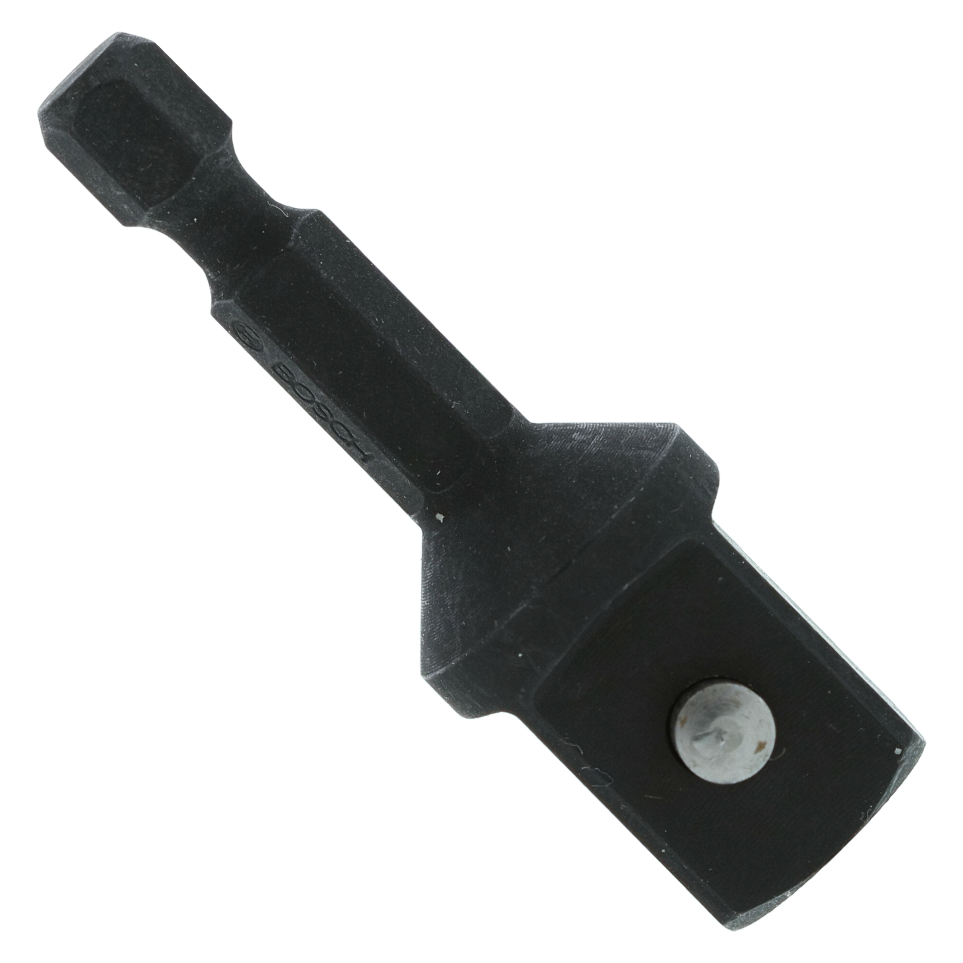 Black metal socket adapter with 1/2 inch square drive on one end and 1/4 inch hex drive on the other.