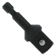 Black socket adapter with 1/2 inch square drive on one end and 1/4 inch hex drive on the other end.