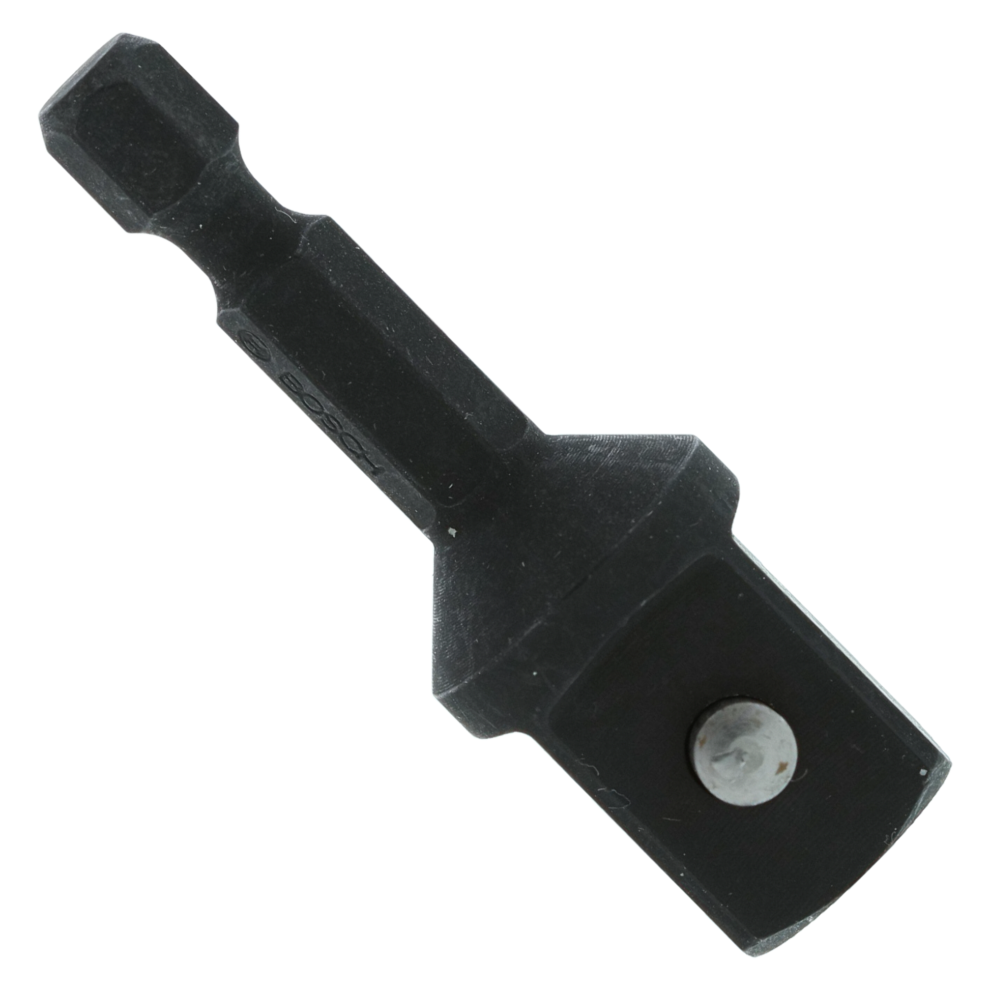 Black socket adapter with 1/2 inch square drive on one end and 1/4 inch hex drive on the other end.