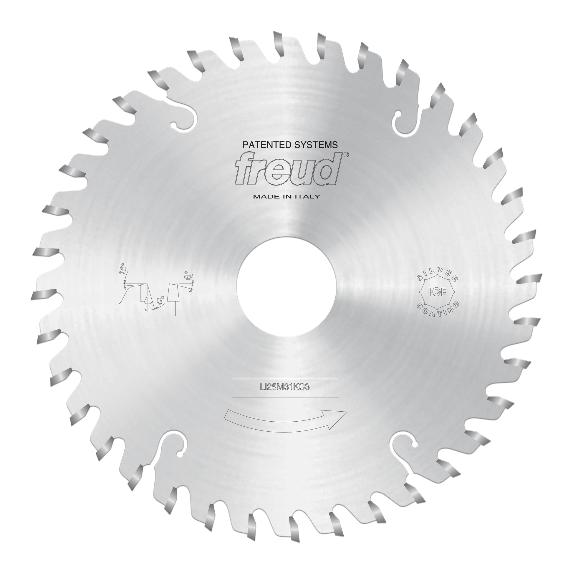 Freud 150mm conical scoring saw blade with angled carbide teeth and center mounting hole.