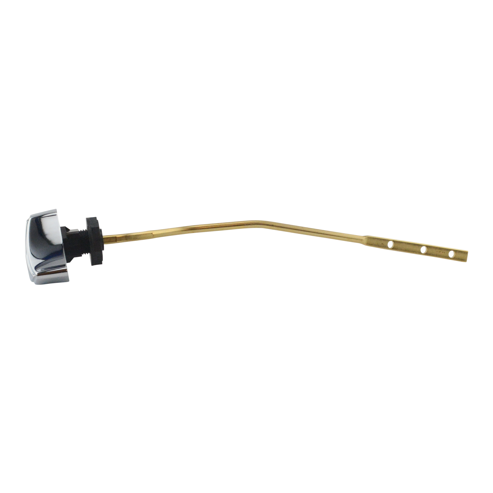 Polished chrome trip lever with brass-colored curved arm and mounting holes.