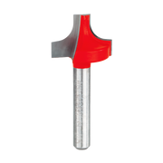 Router bit with red cutting head and silver shank featuring rounded ovolo profile design.