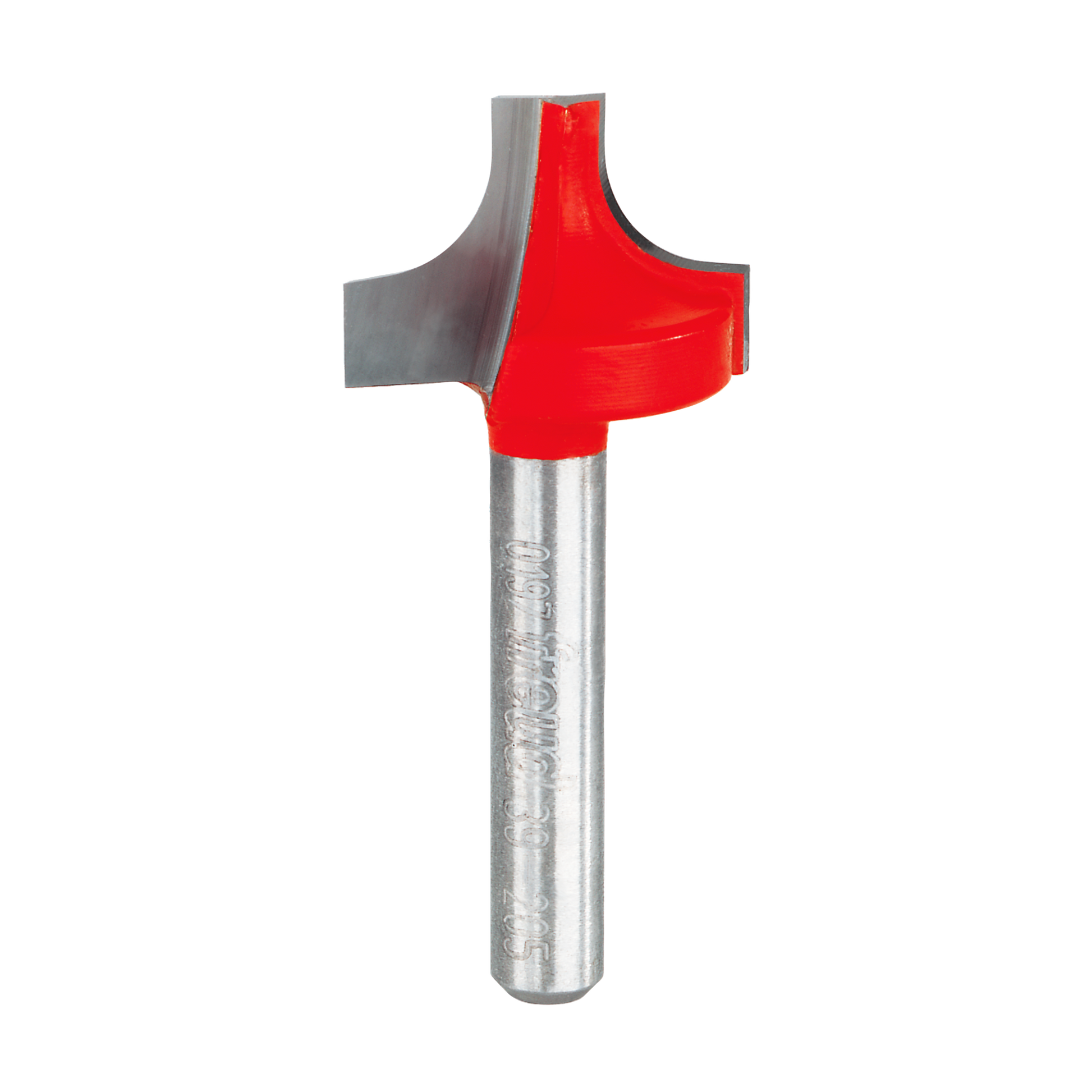 Router bit with red cutting head and silver shank featuring rounded ovolo profile design.