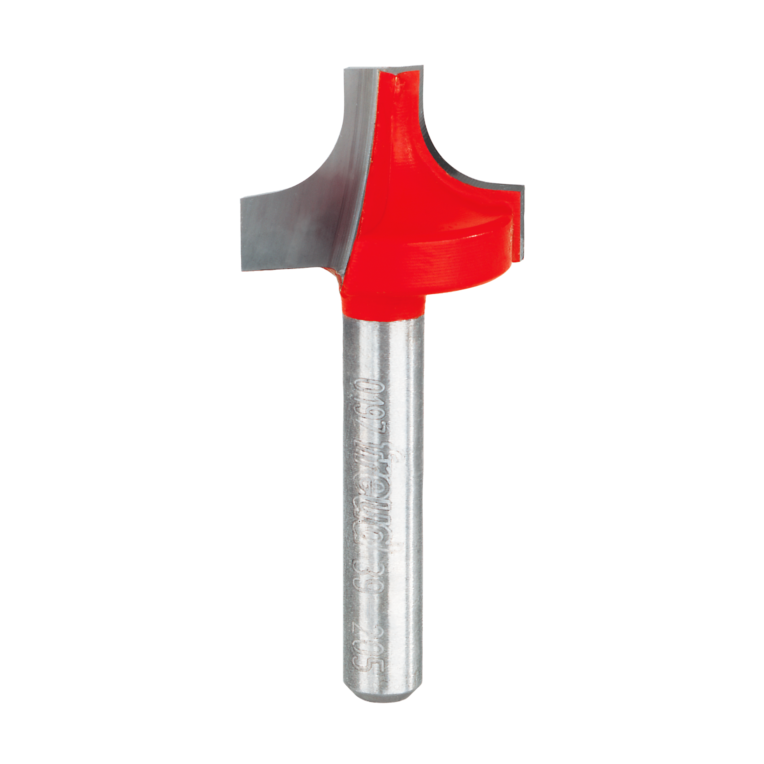 Router bit with red cutting head and silver shank featuring rounded ovolo profile design.
