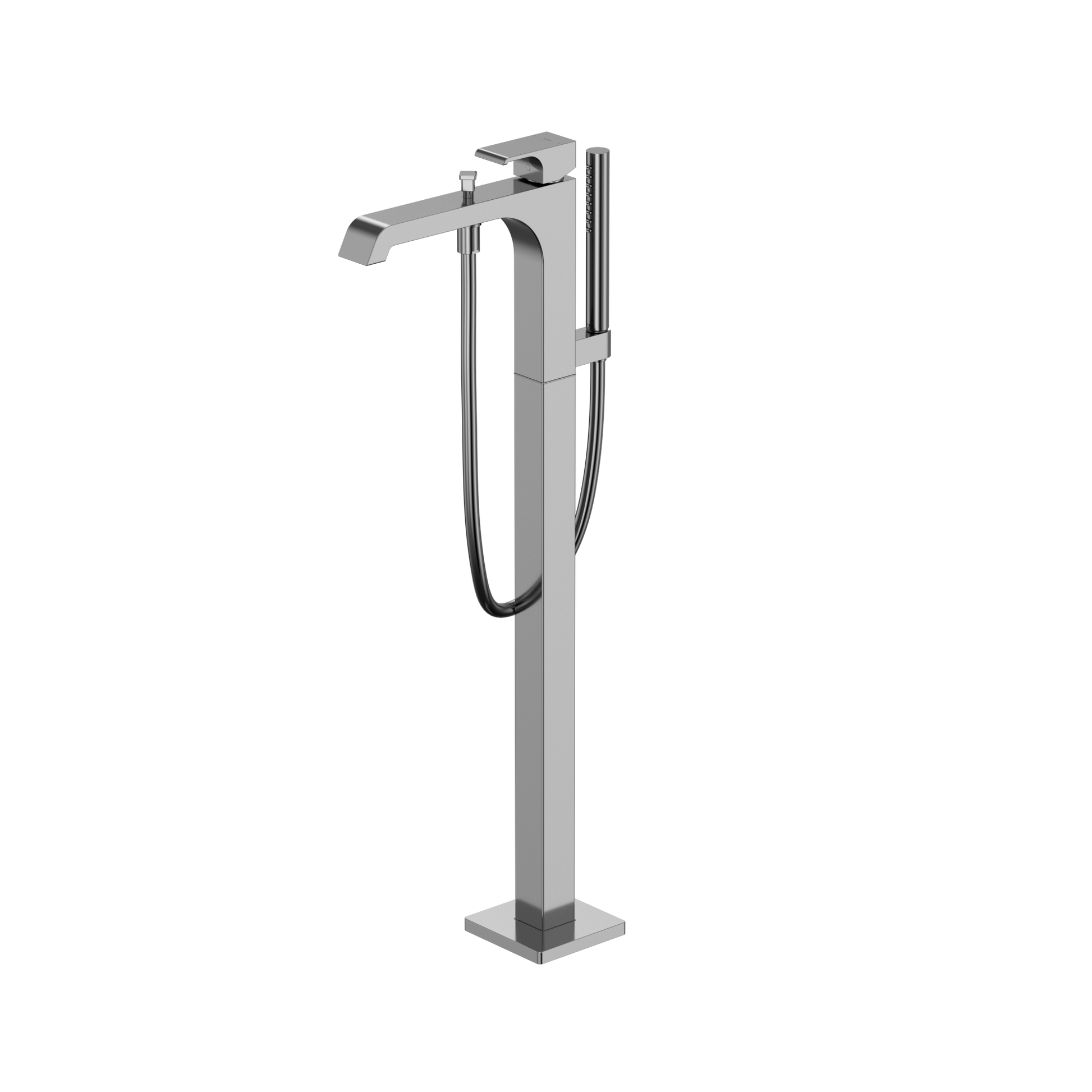 Polished chrome freestanding tub filler with single handle, spout, and attached handshower with hose.