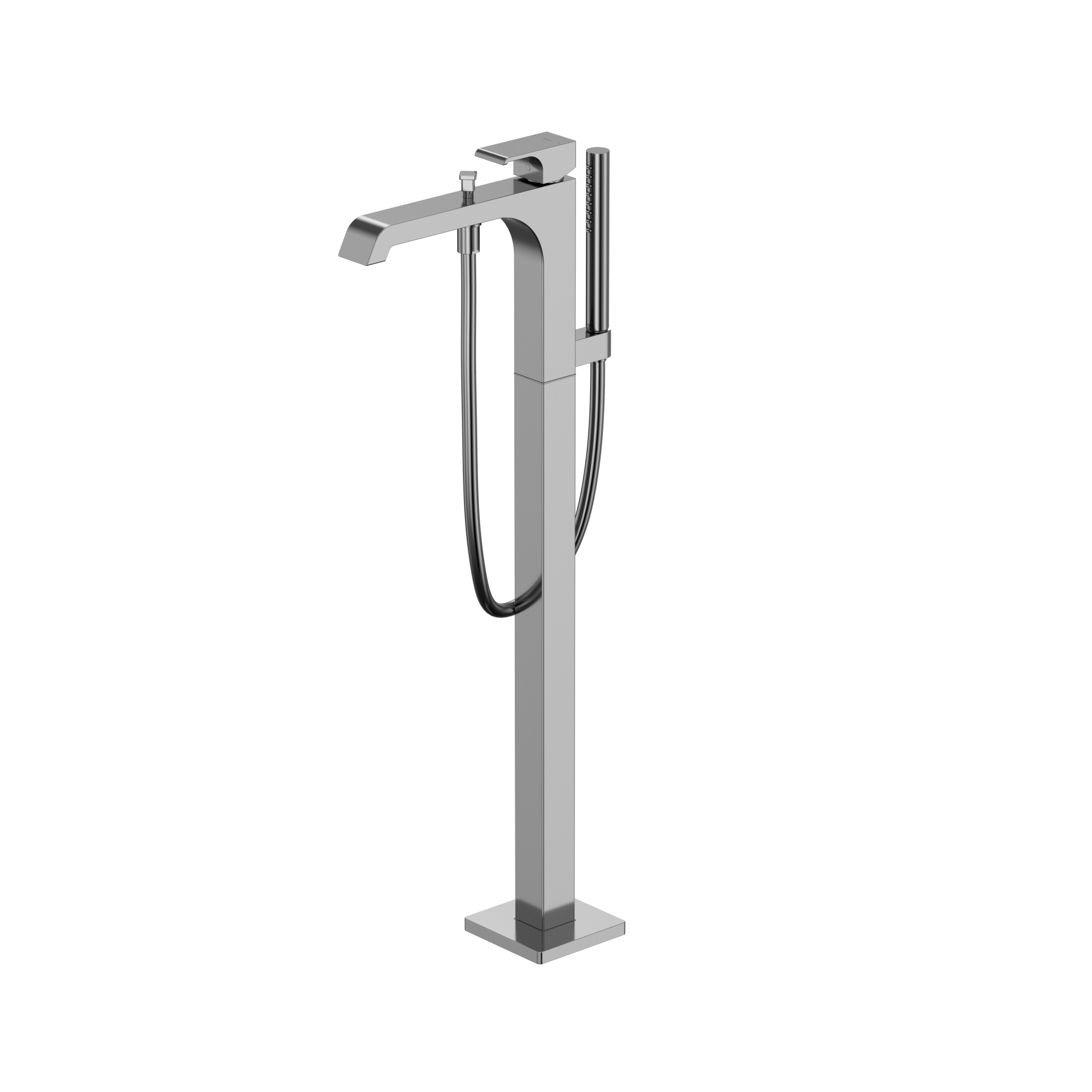 Polished chrome freestanding tub filler with single handle, spout, and attached handshower with hose.