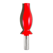 Red and gray router bit with curved molding profile and metal shank for crown molding cuts.