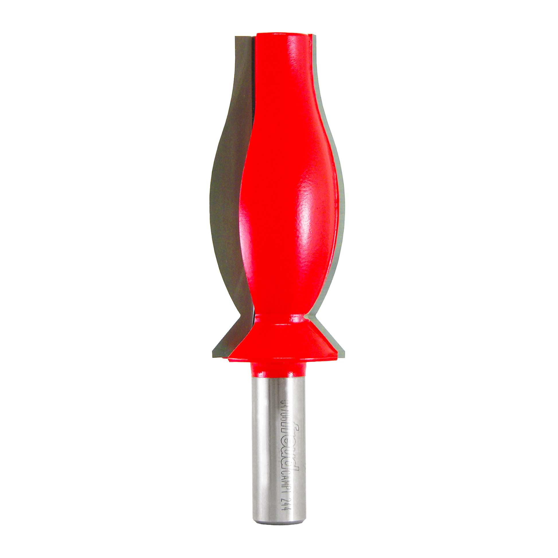Red and gray router bit with curved molding profile and metal shank for crown molding cuts.