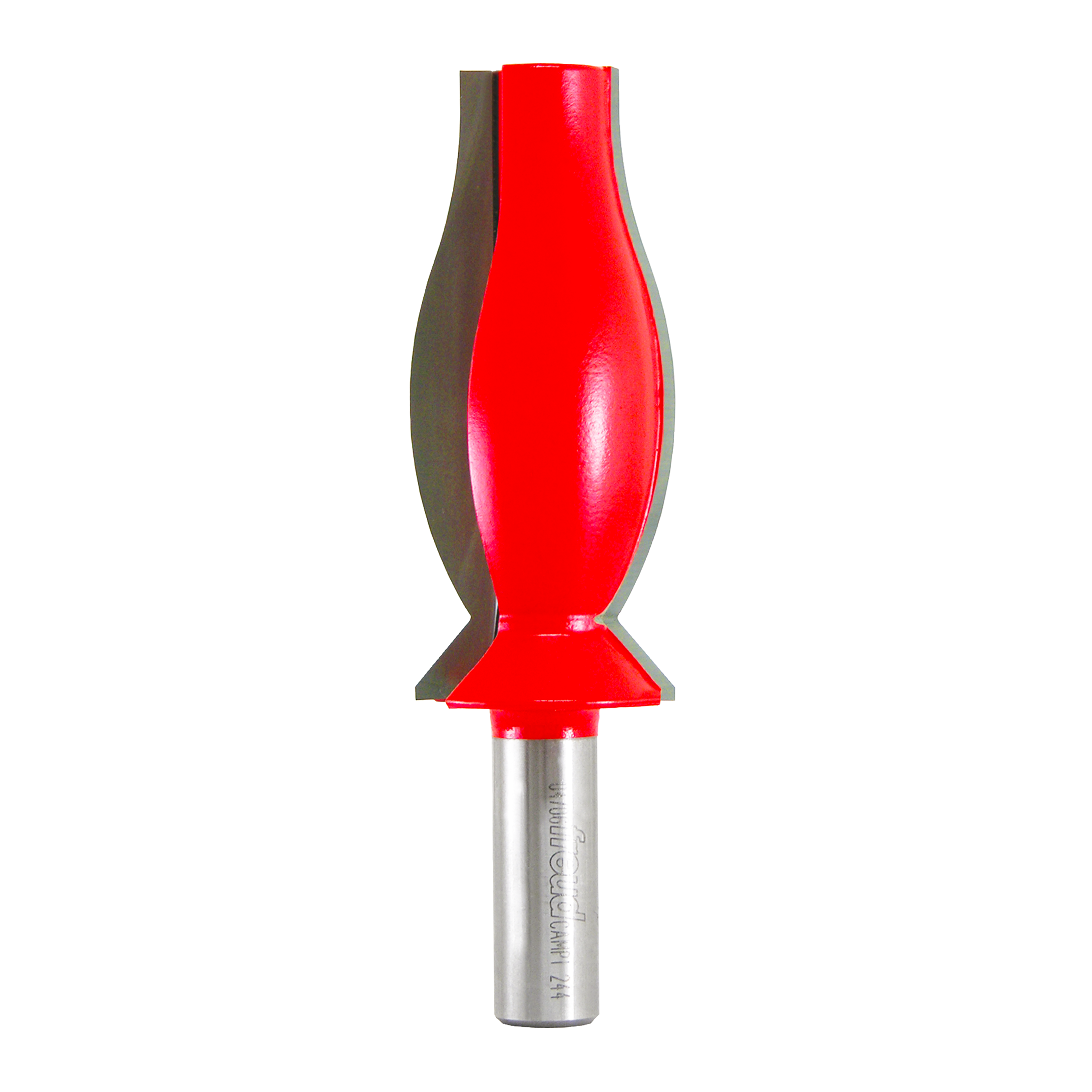 Red and gray router bit with curved molding profile and metal shank for crown molding cuts.