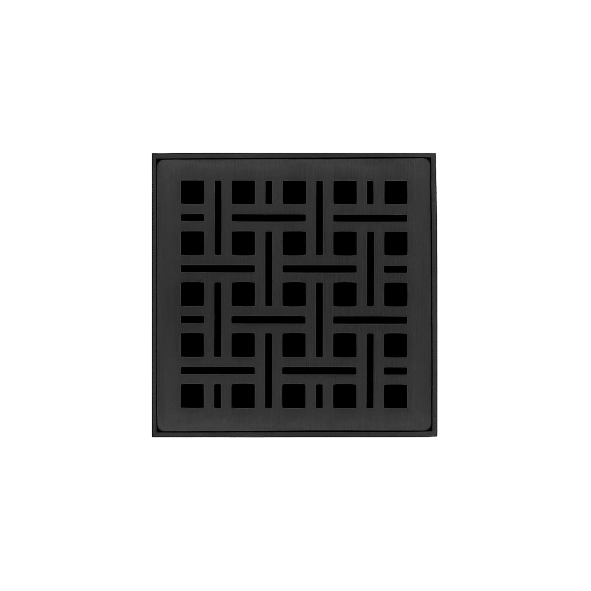 Matte black square drain grate with geometric grid pattern and center drain opening.