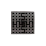 Square oil rubbed bronze drain grate with geometric grid pattern and center drain opening.