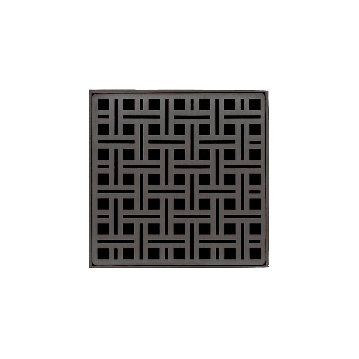 Square oil rubbed bronze drain grate with geometric grid pattern and center drain opening.