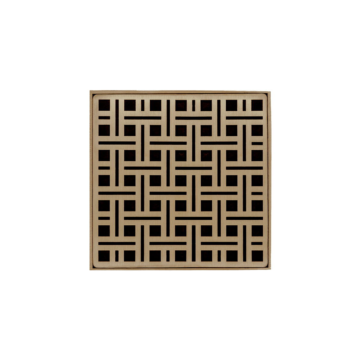 Satin bronze square drain grate with geometric pattern of black squares and horizontal lines.