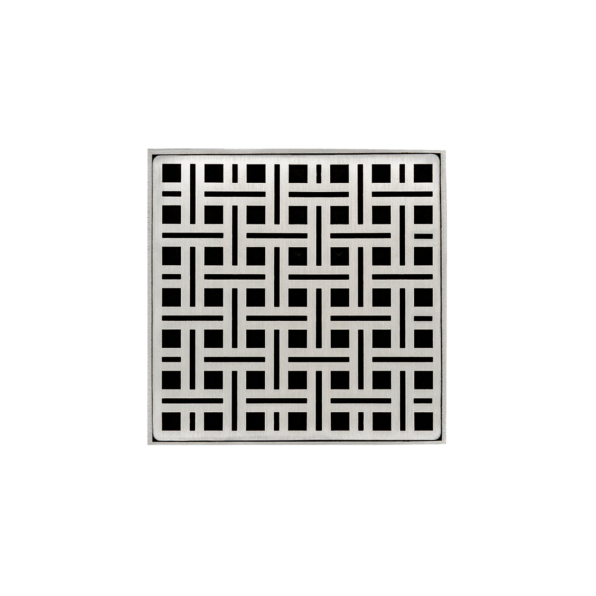 Square satin stainless steel drain grate with geometric grid pattern and center drain opening.
