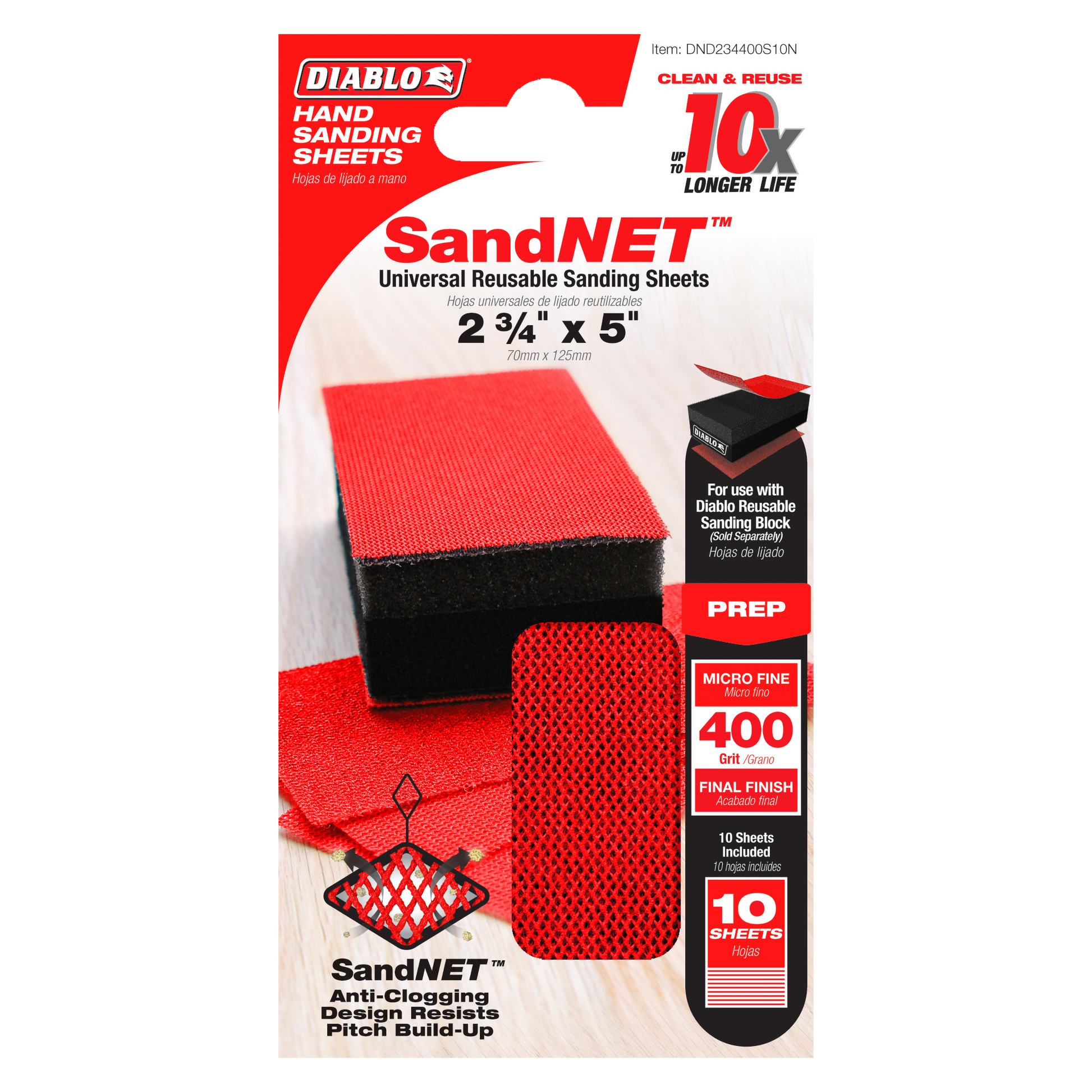 Red mesh sanding sheets with black backing pad and foam sanding block displayed on packaging labeled SandNET 400-grit.