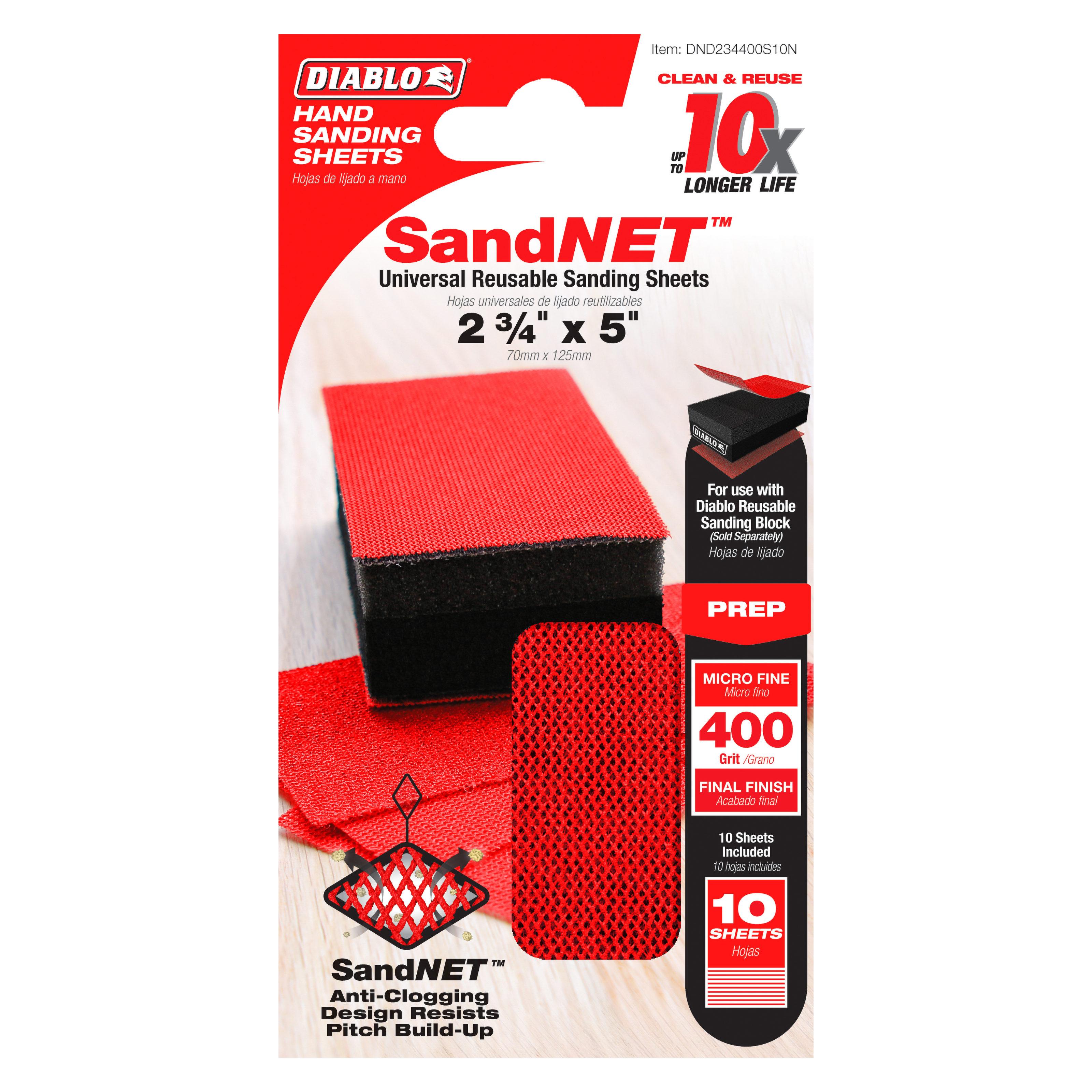 Red mesh sanding sheets with black backing pad and foam sanding block displayed on packaging labeled SandNET 400-grit.