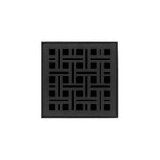 Matte black square drain cover with geometric grid pattern and center drain opening.