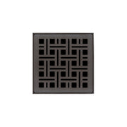 Square oil rubbed bronze drain grate with geometric lattice pattern and center opening.