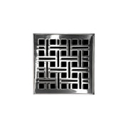 Polished stainless steel square drain grate with geometric lattice pattern and center drain opening.