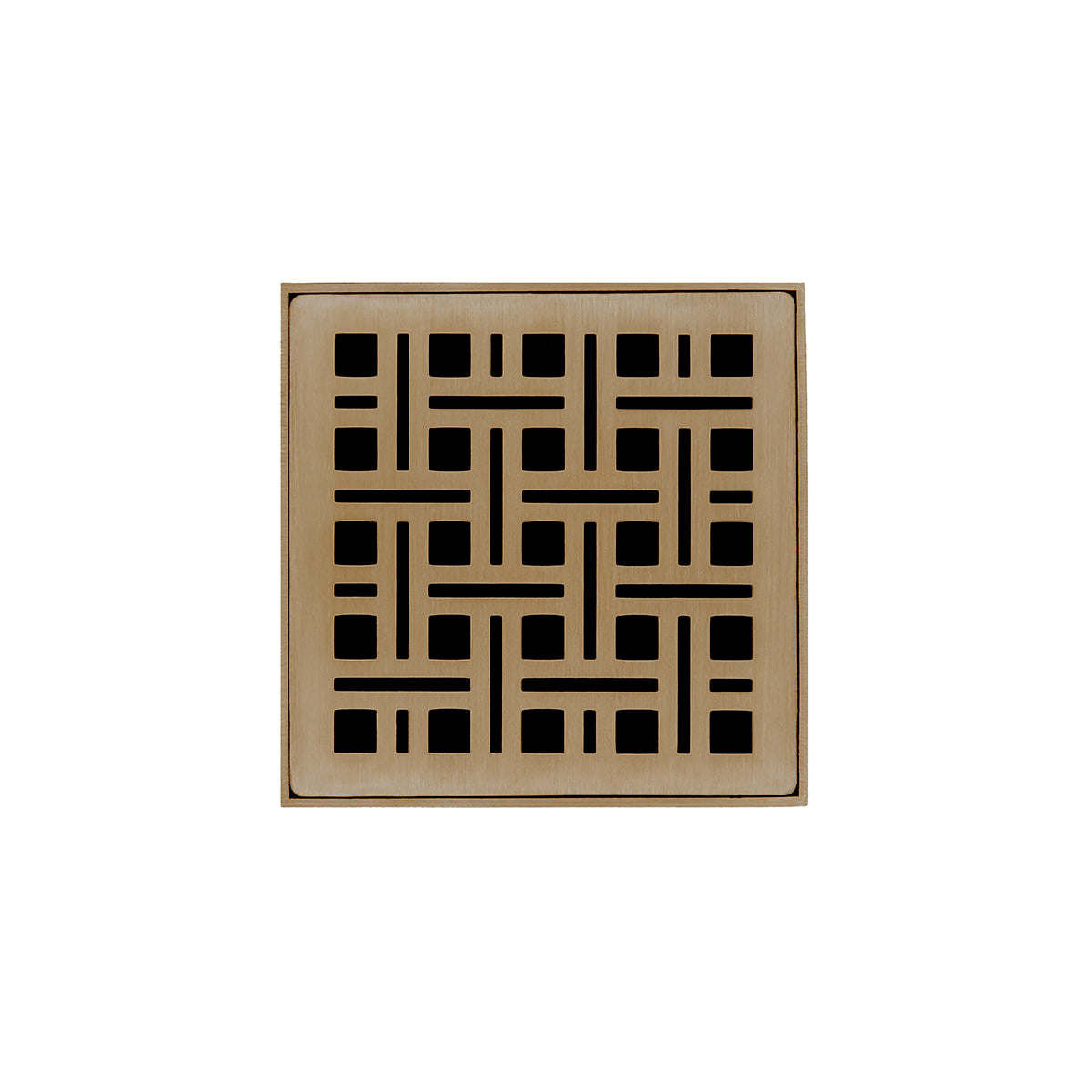 Satin bronze square drain cover with geometric grid pattern and center drain opening.