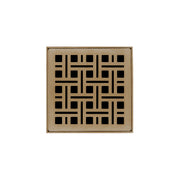 Satin bronze square drain cover with geometric grid pattern and center drain opening.