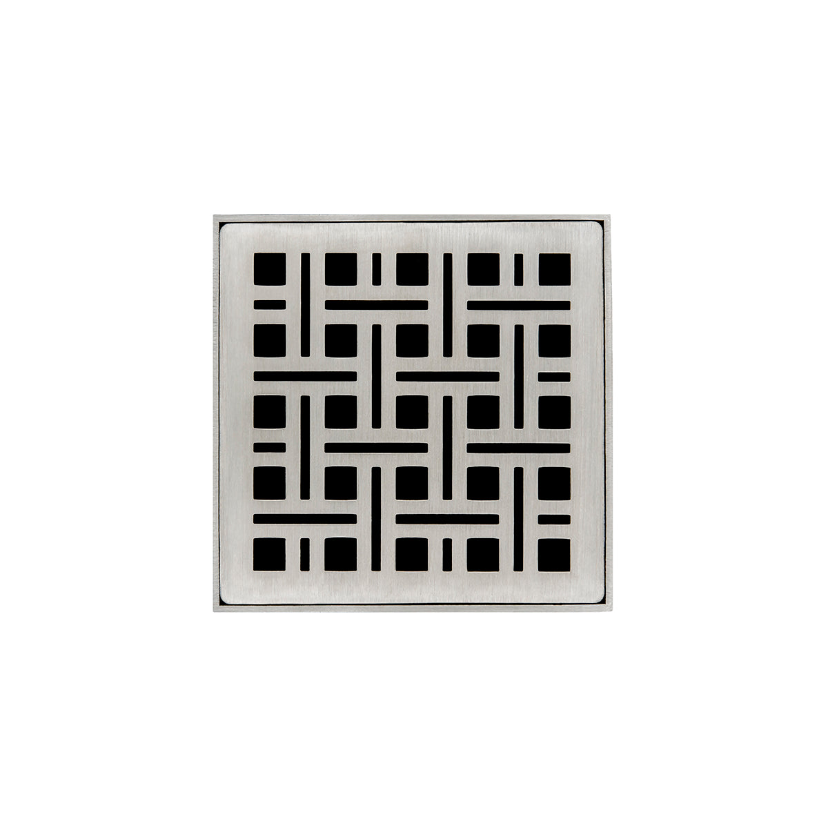 Square satin stainless steel drain cover with geometric pattern and center drain opening.