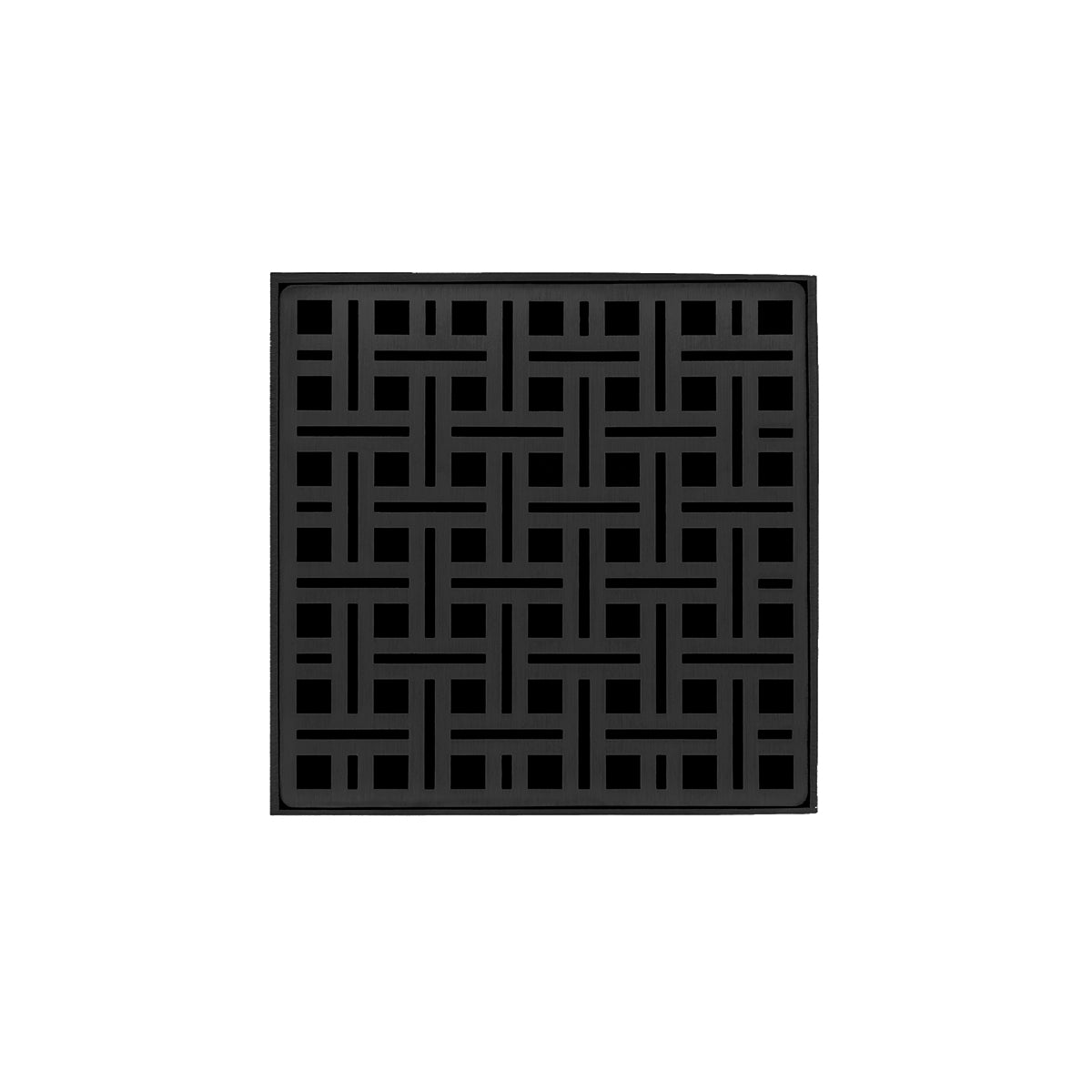 Matte black square drain grate with geometric linear pattern and center opening.