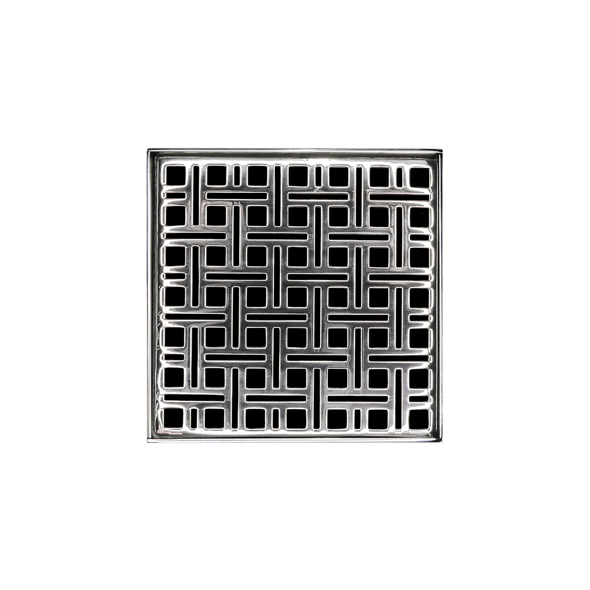 Polished stainless steel square drain grate with geometric grid pattern and center drain opening.