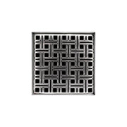 Polished stainless steel square drain grate with geometric grid pattern and center drain opening.