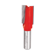 Red and silver router bit with two cutting flutes and cylindrical shank marked with Freud branding.