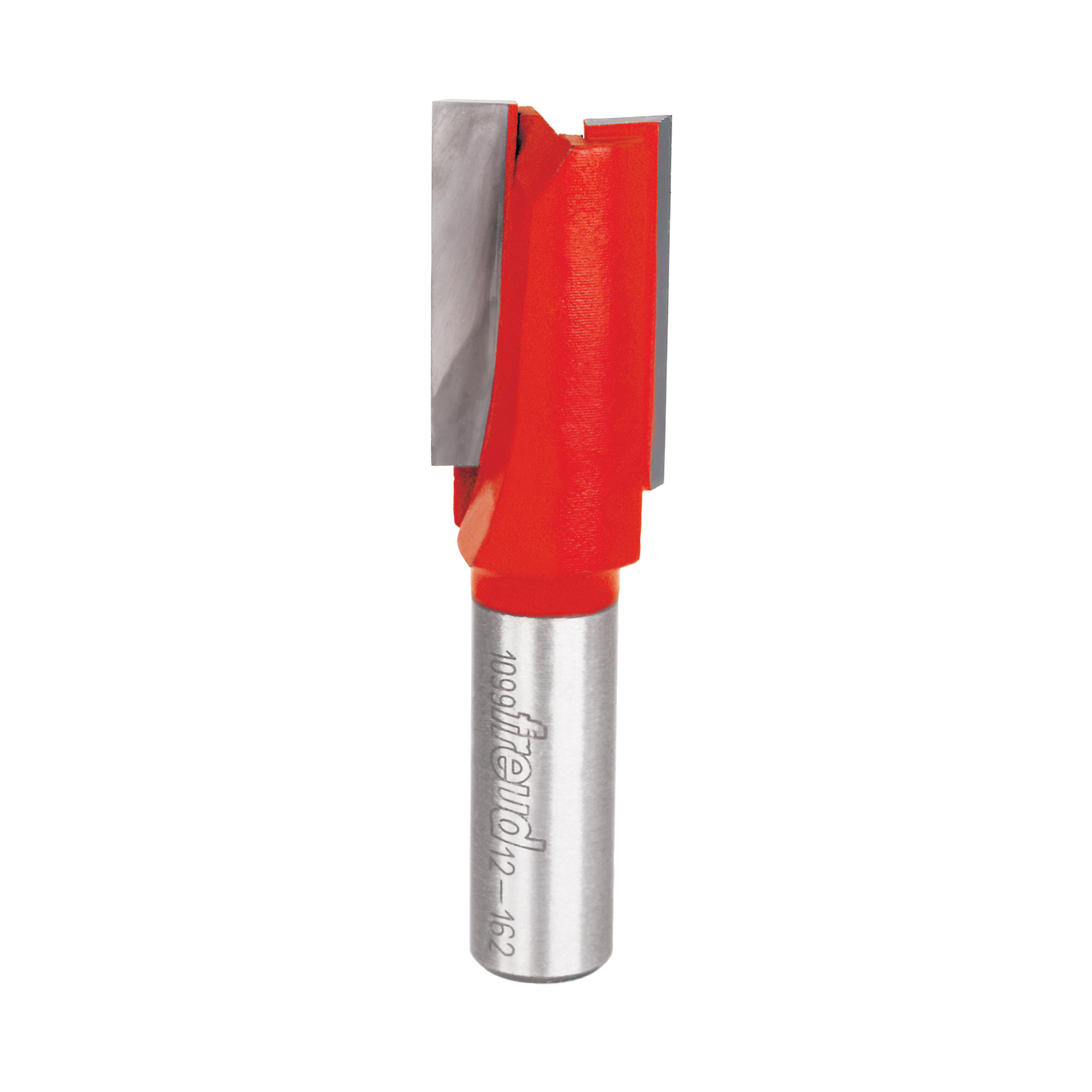 Red and silver router bit with two cutting flutes and cylindrical shank marked with Freud branding.