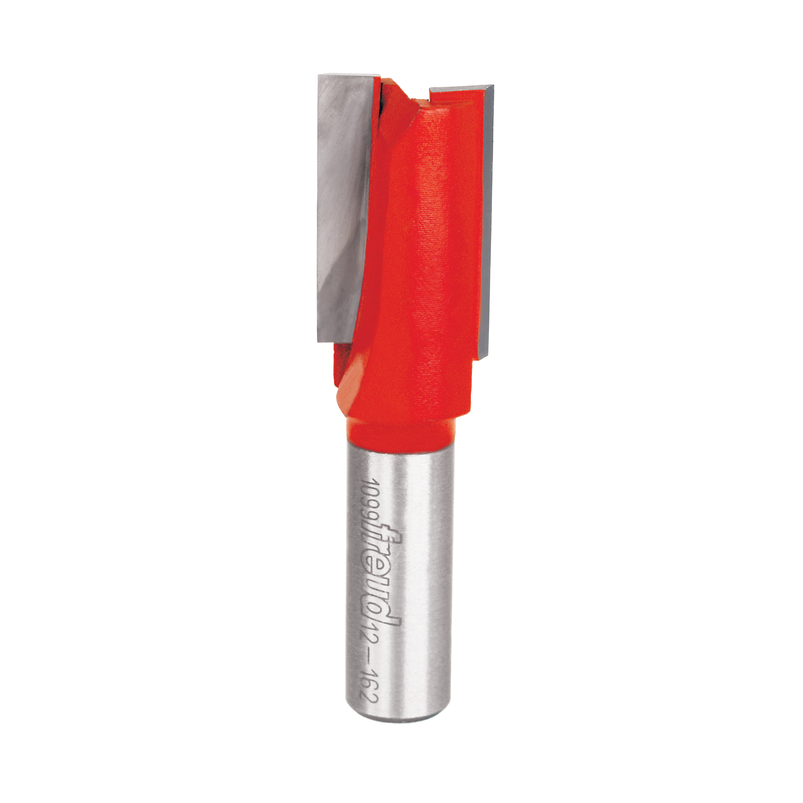 Red and silver router bit with two cutting flutes and cylindrical shank marked with Freud branding.