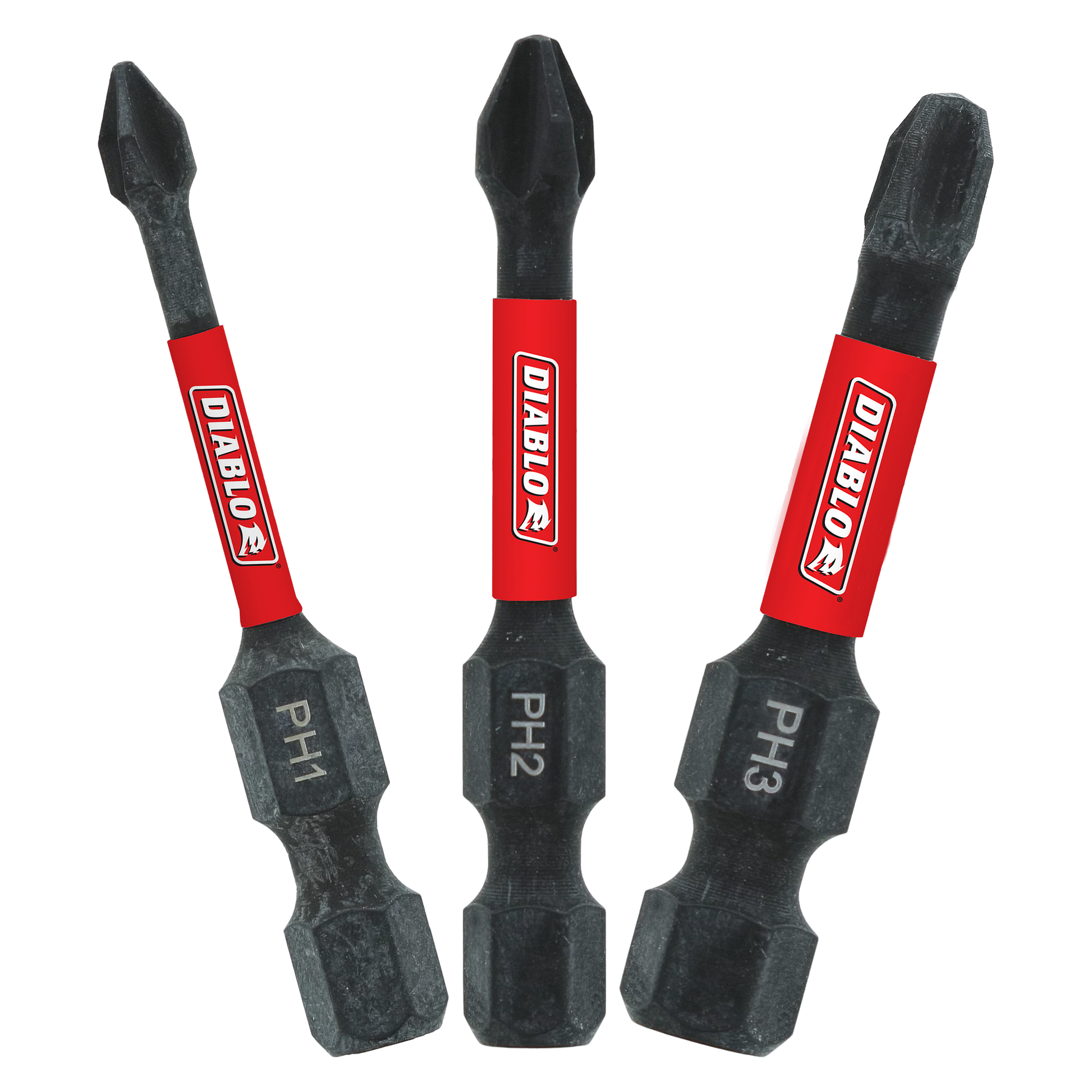 Three black Phillips drive bits labeled PH1, PH2, and PH3 with red sleeves and black tips.