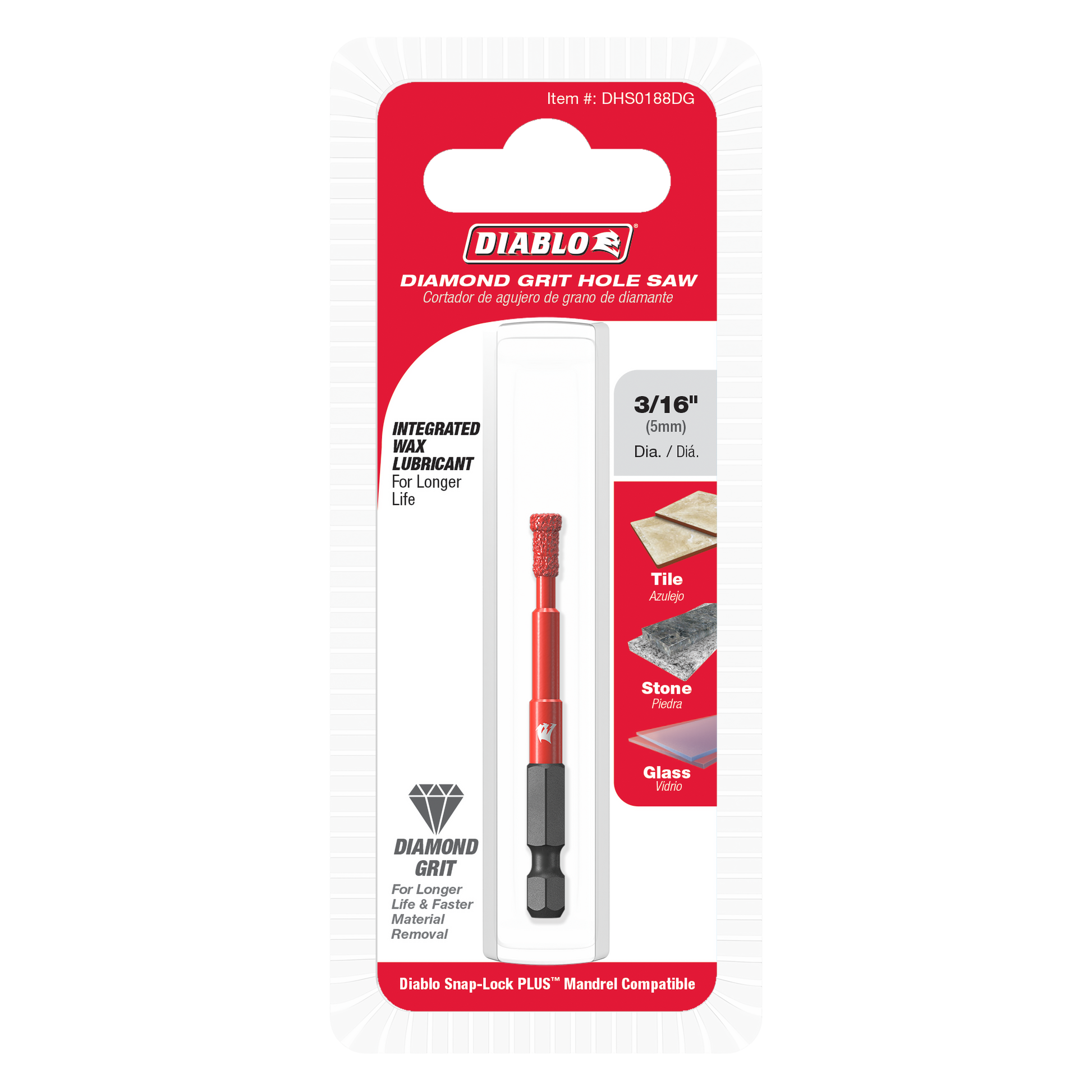 Diablo 3/16 inch diamond grit hole saw with red shank and black grip on packaging card.