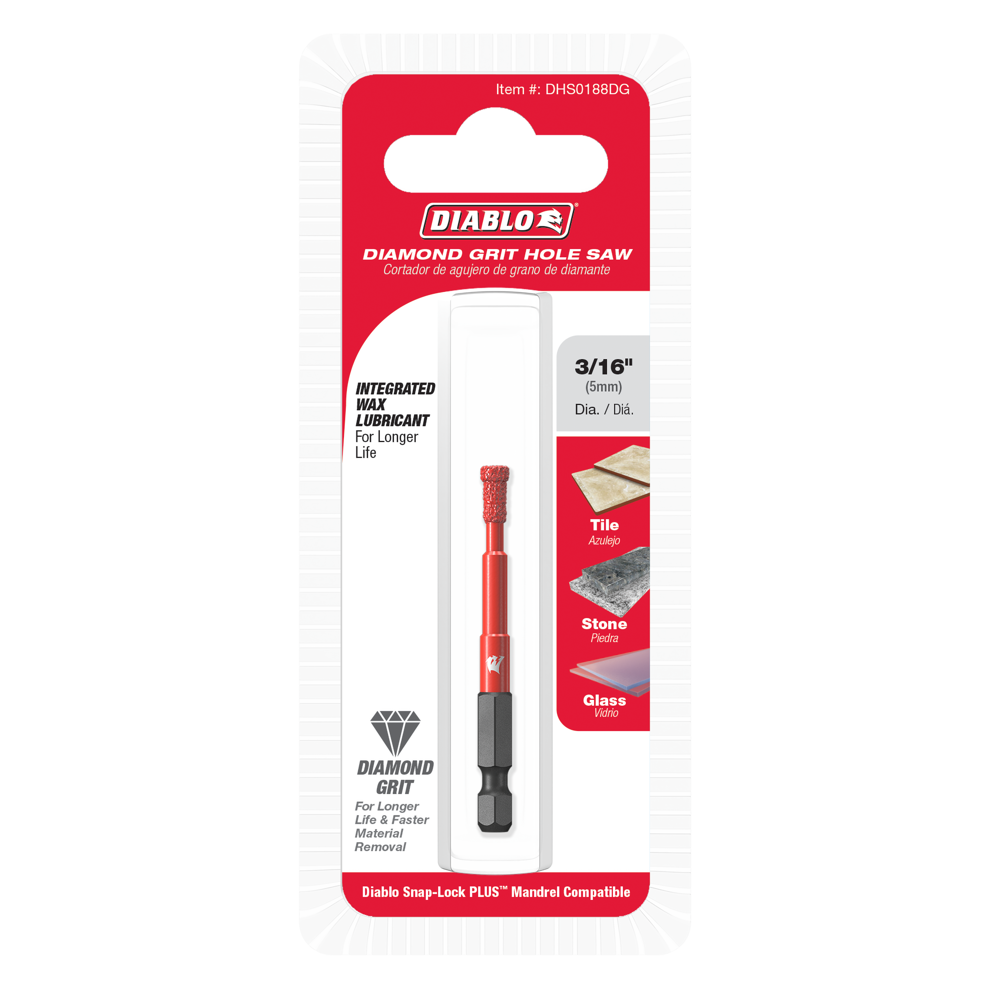 Diablo 3/16 inch diamond grit hole saw with red shank and black grip on packaging card.