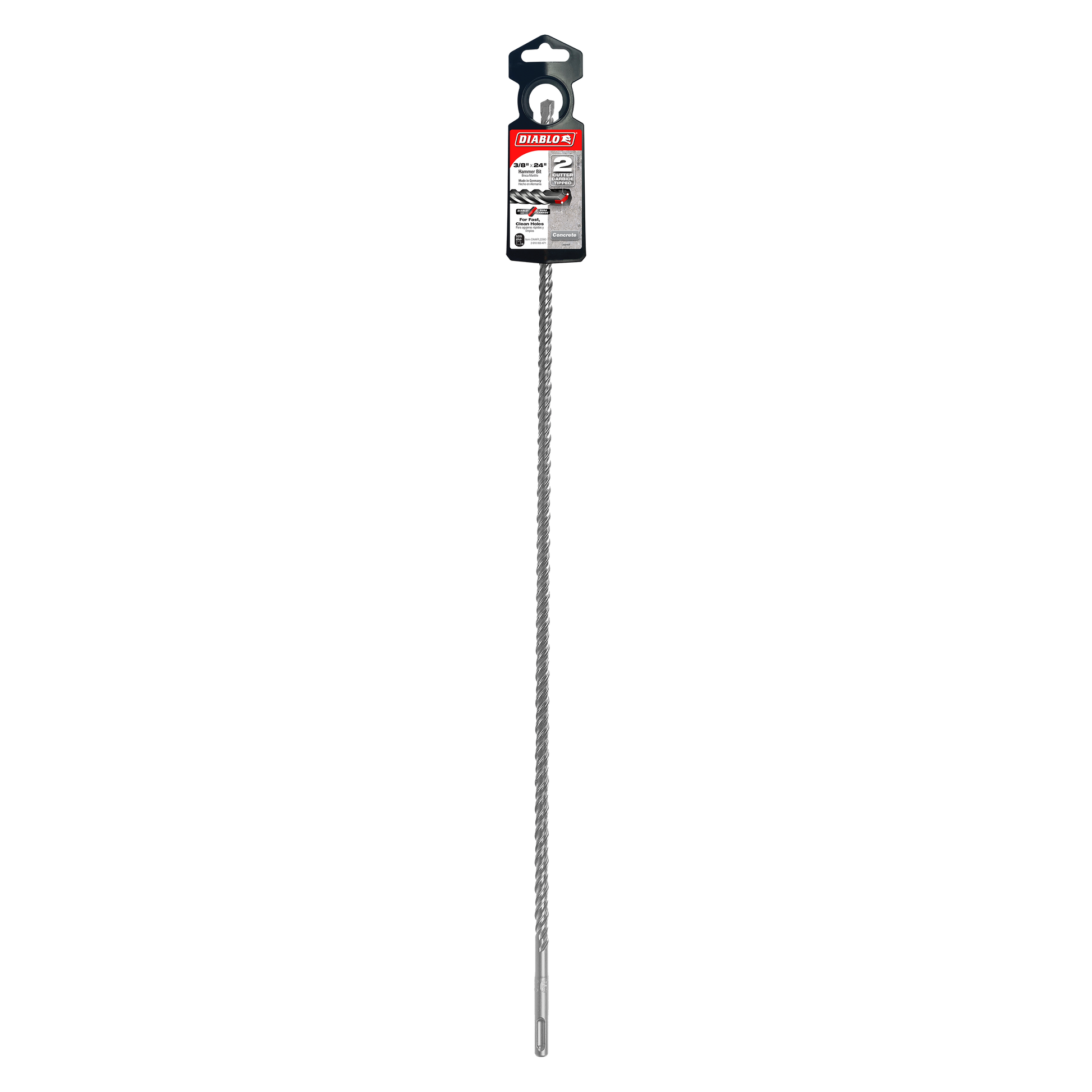 Diablo SDS-Plus masonry drill bit with two cutting flutes and black plastic packaging header against white background.